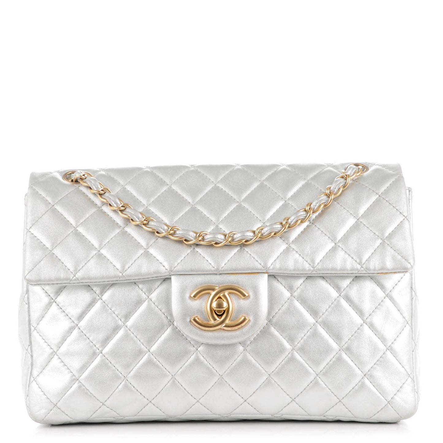 Metallic Lambskin Quilted Maxi Single Flap Silver