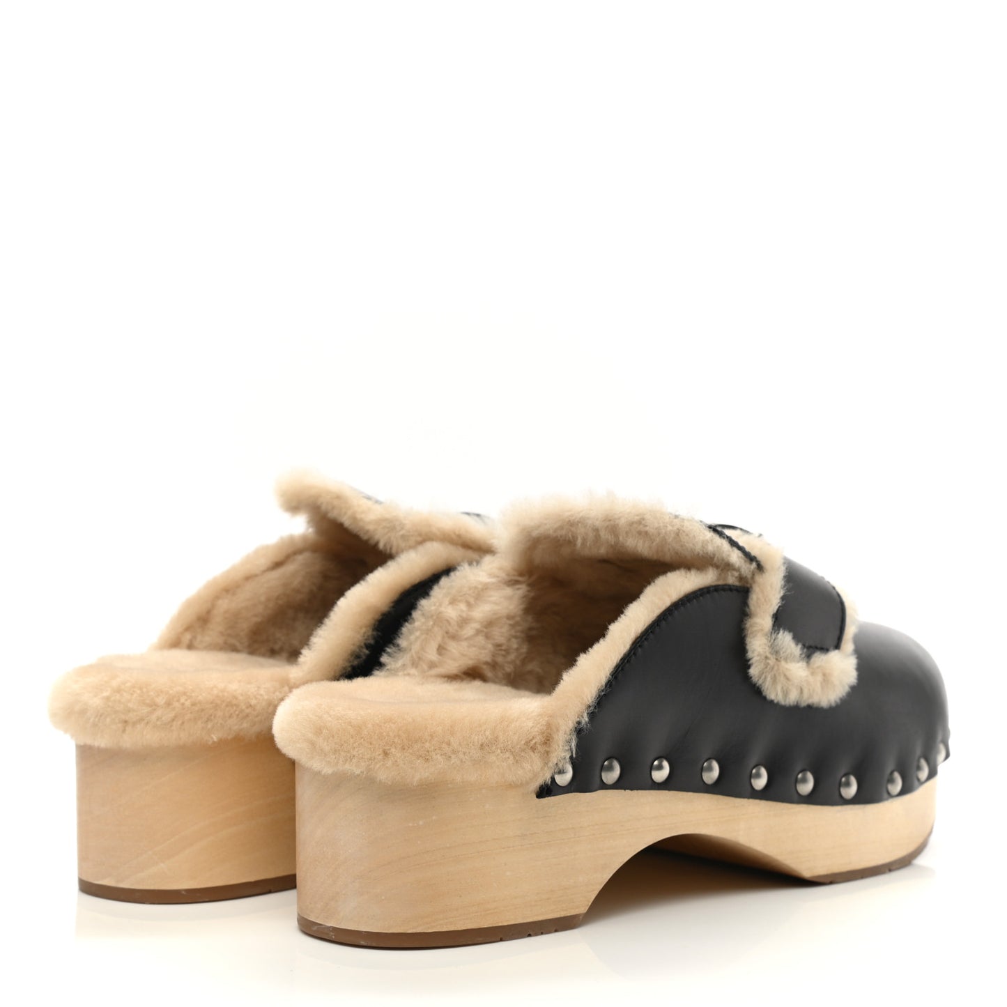 Natural Calfskin Shearling Metal Triangle Logo 45mm Clogs 41 Black Sabbia