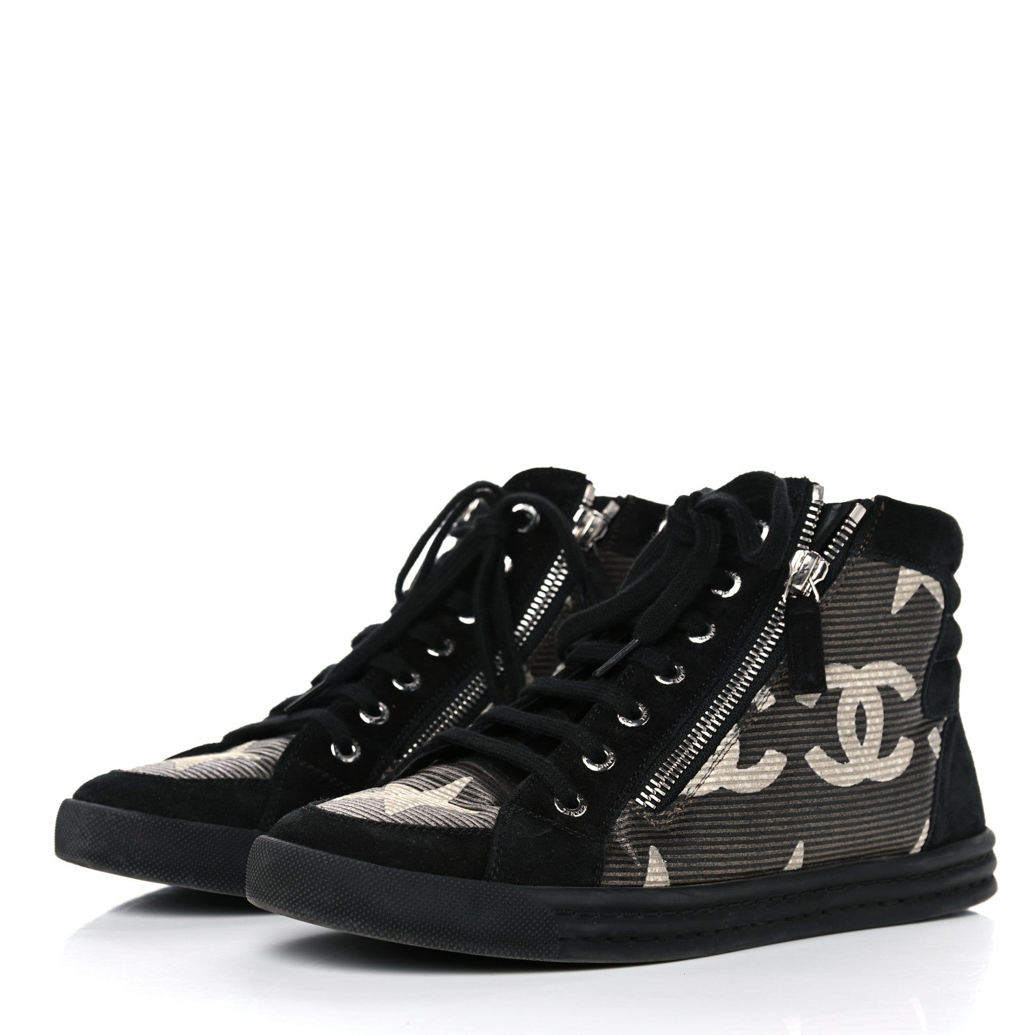 Chanel Canvas Suede CC Star Zipped High Top Sneakers 37.5 Black 3 of 16