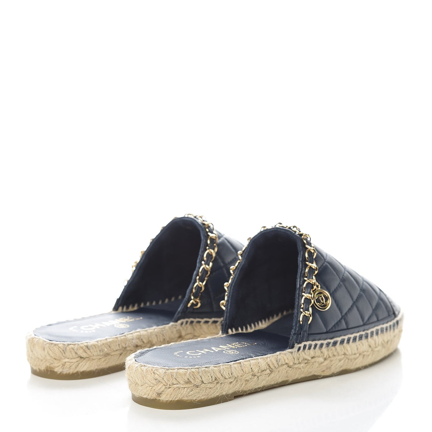 Lambskin Grosgrain Quilted CC Chain Espadrille Mules 39 Black Navy