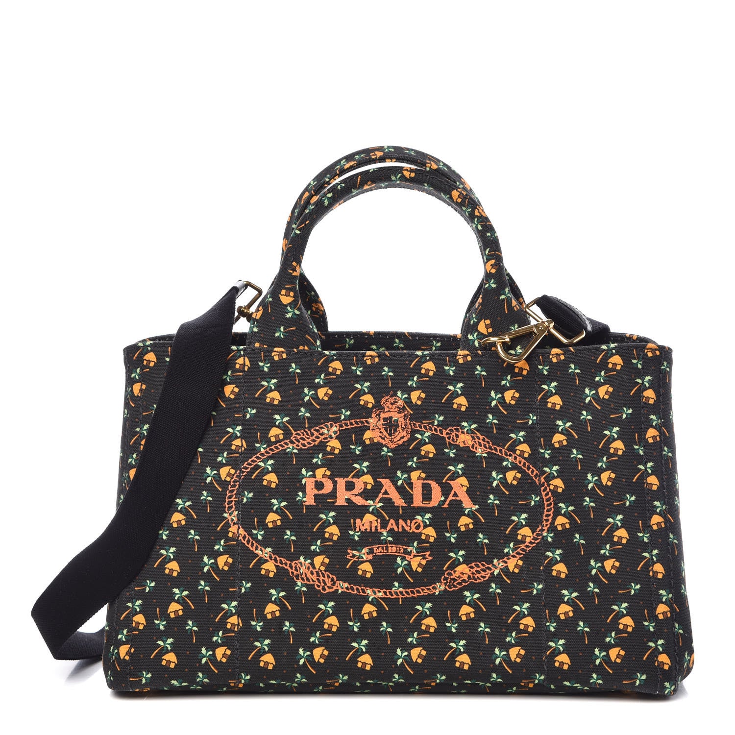 Prada Canapa Palm Tree Print Logo Tote Black 1 of 11