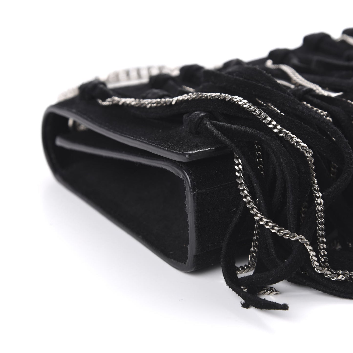 Suede Fringe Chain Monogram Satchel Black