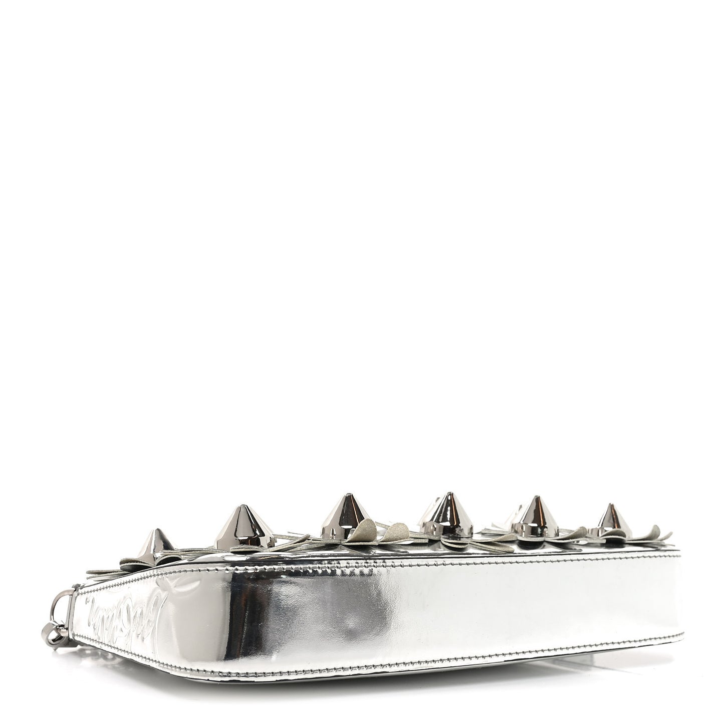 Metallic Patent Calfskin Flower Loubila Chain Clutch Silver
