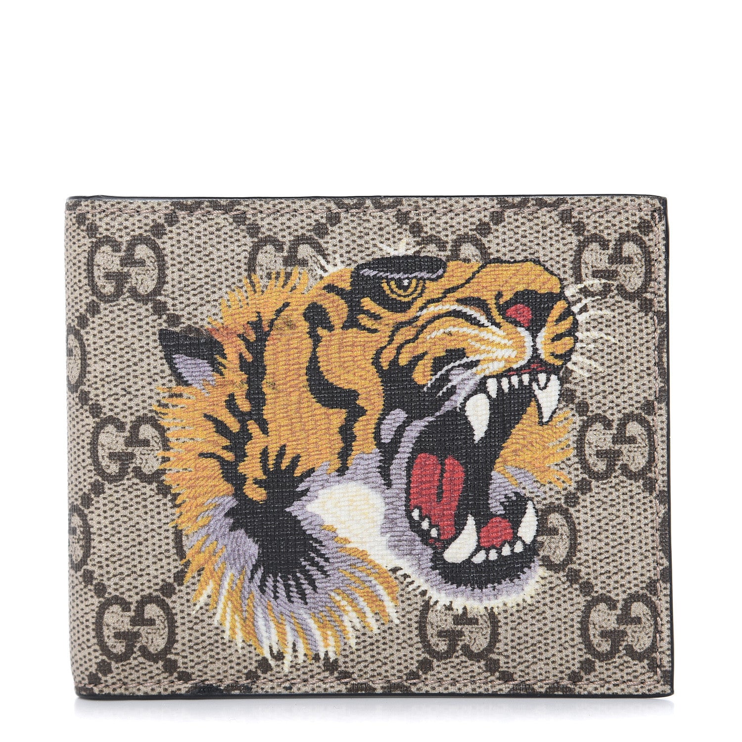 Gucci GG Supreme Monogram Selleria Calfskin Tiger Nice Bi-Fold Wallet Beige Ebony Multicolor Black 1 of 7