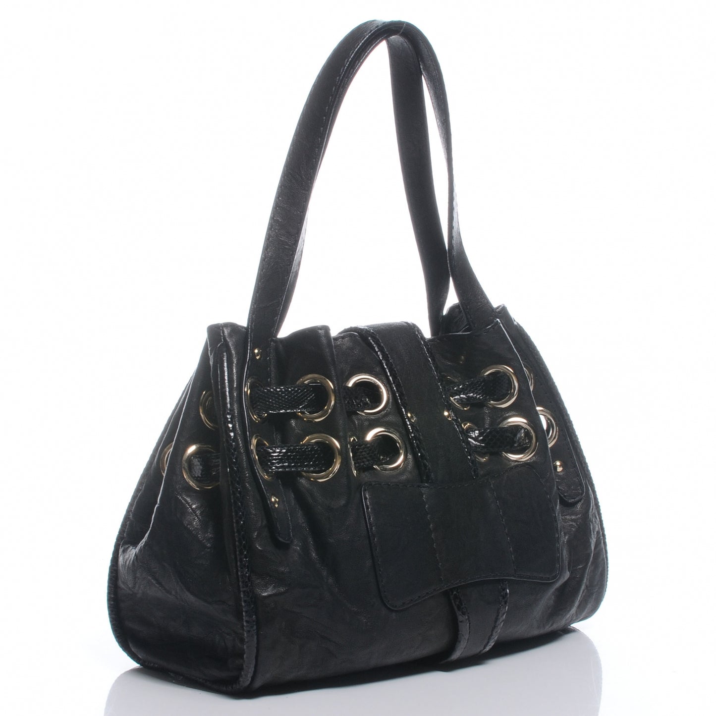 Leather Watersnake Trim Riki Tote Bag Black