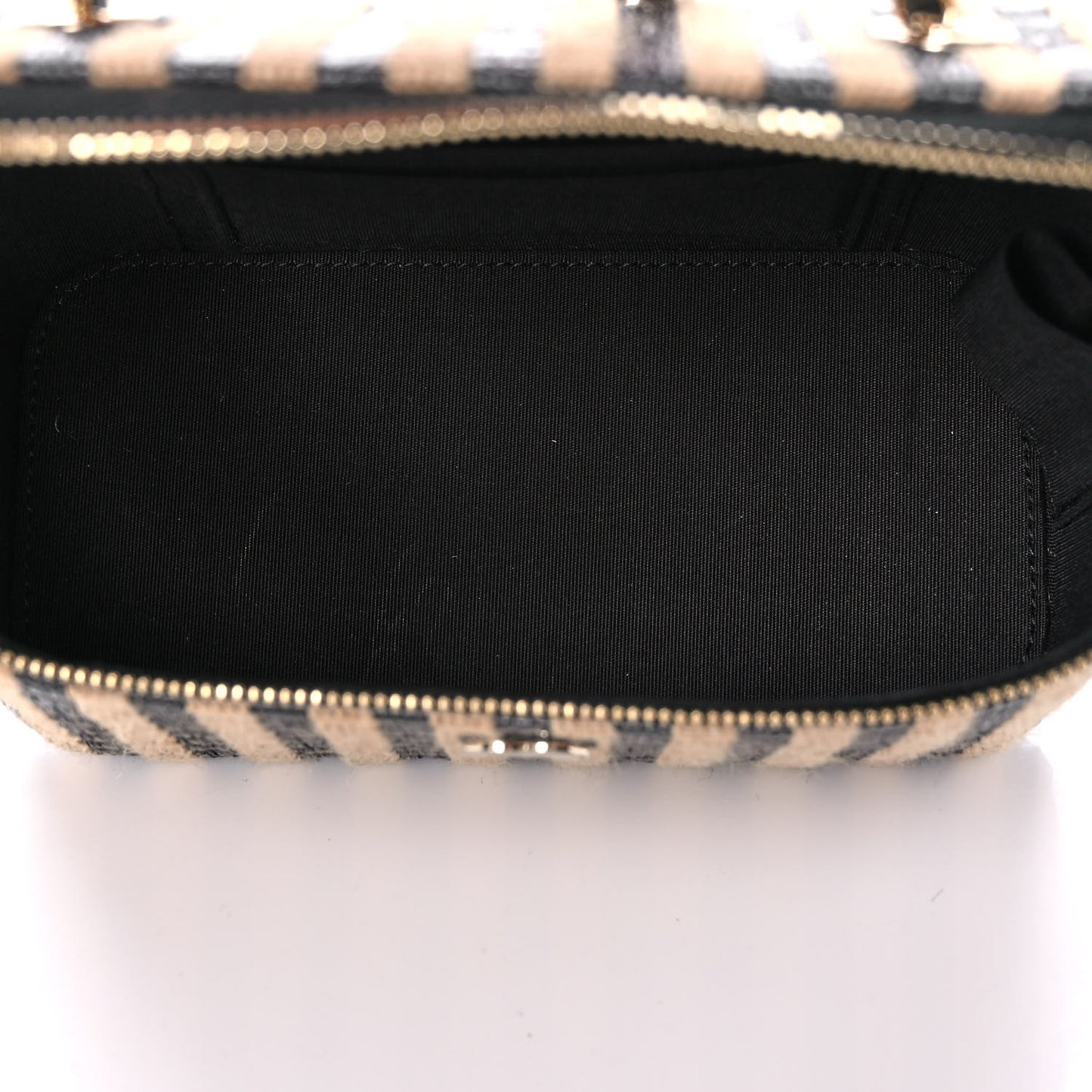 Raffia Jute Striped Small Vanity Case With Chain Black Beige