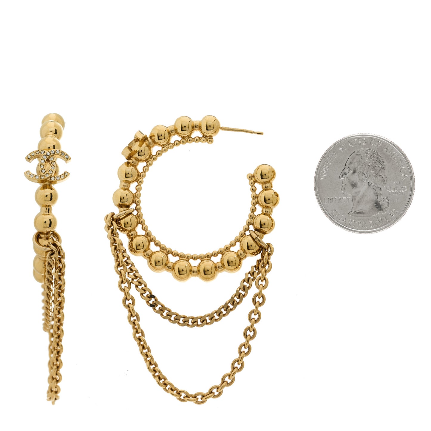 Metal Crystal Bead Chain CC Hoop Earrings Gold
