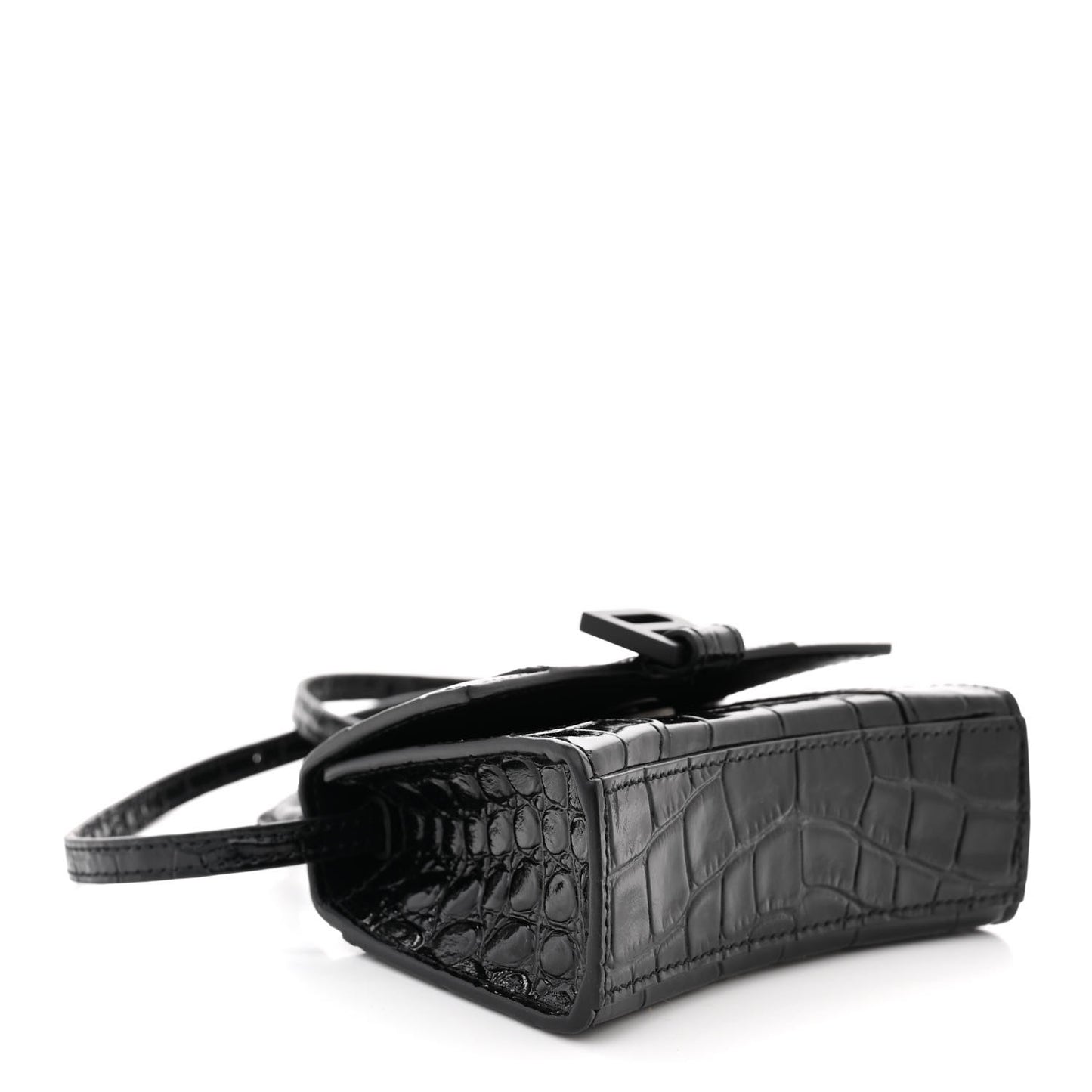 Shiny Calfskin Monochrome Crocodile Embossed Hourglass Top Handle Bag Mini Black