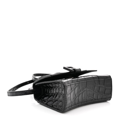 Balenciaga Shiny Calfskin Monochrome Crocodile Embossed Hourglass Top Handle Bag Mini Black 4 of 11