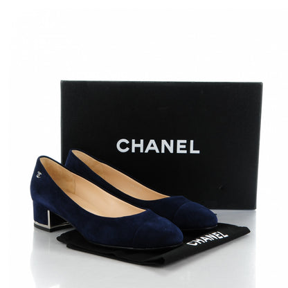 Chanel Suede Goatskin Cap Toe Low Heel Pumps 36 Navy 9 of 9