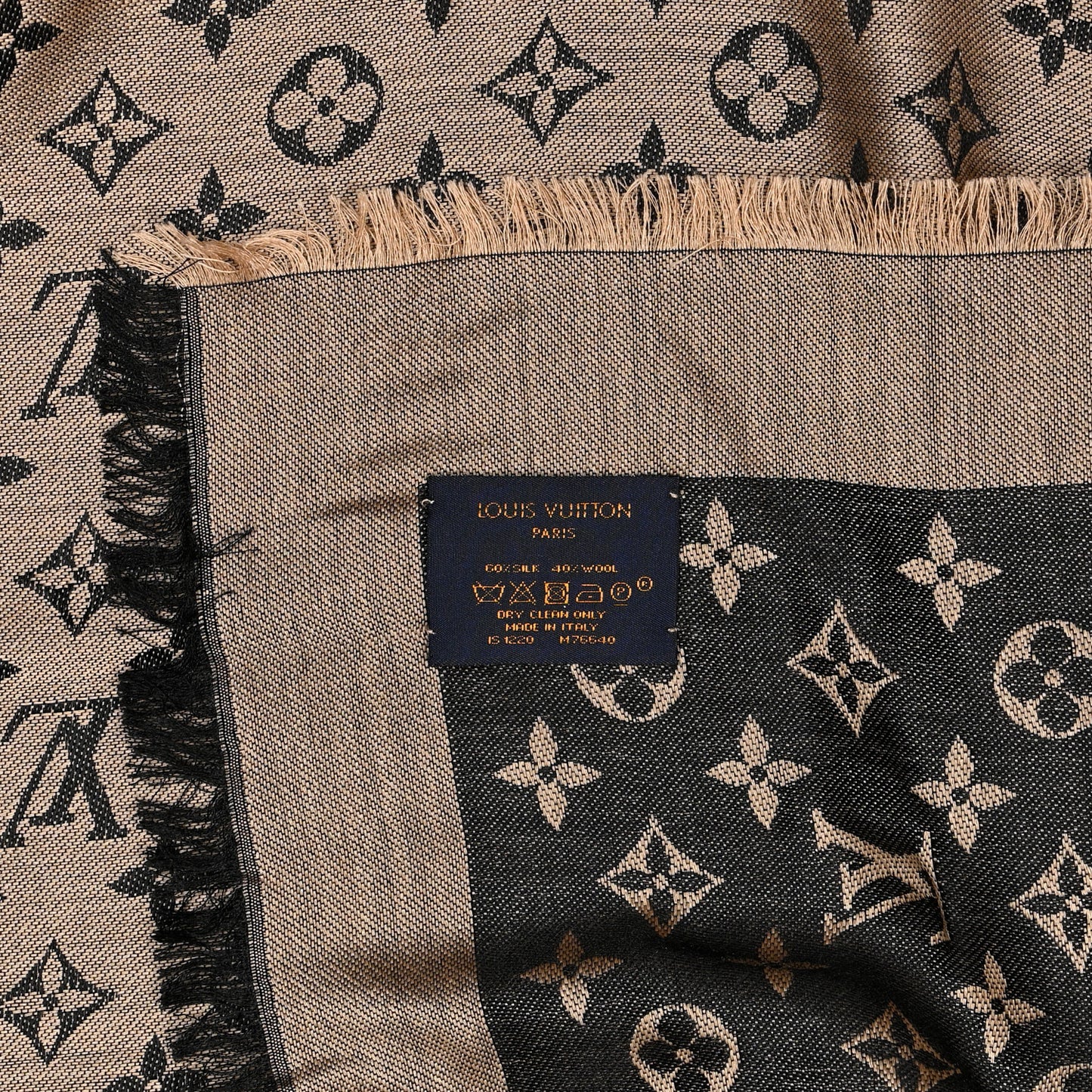 Wool Silk Monogram Denim Shawl Beige Black