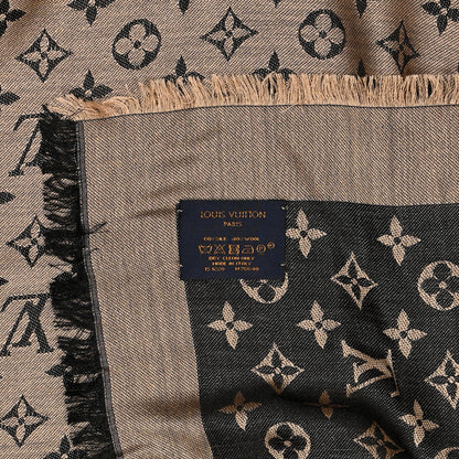 Louis Vuitton Wool Silk Monogram Denim Shawl Beige Black 3 of 7
