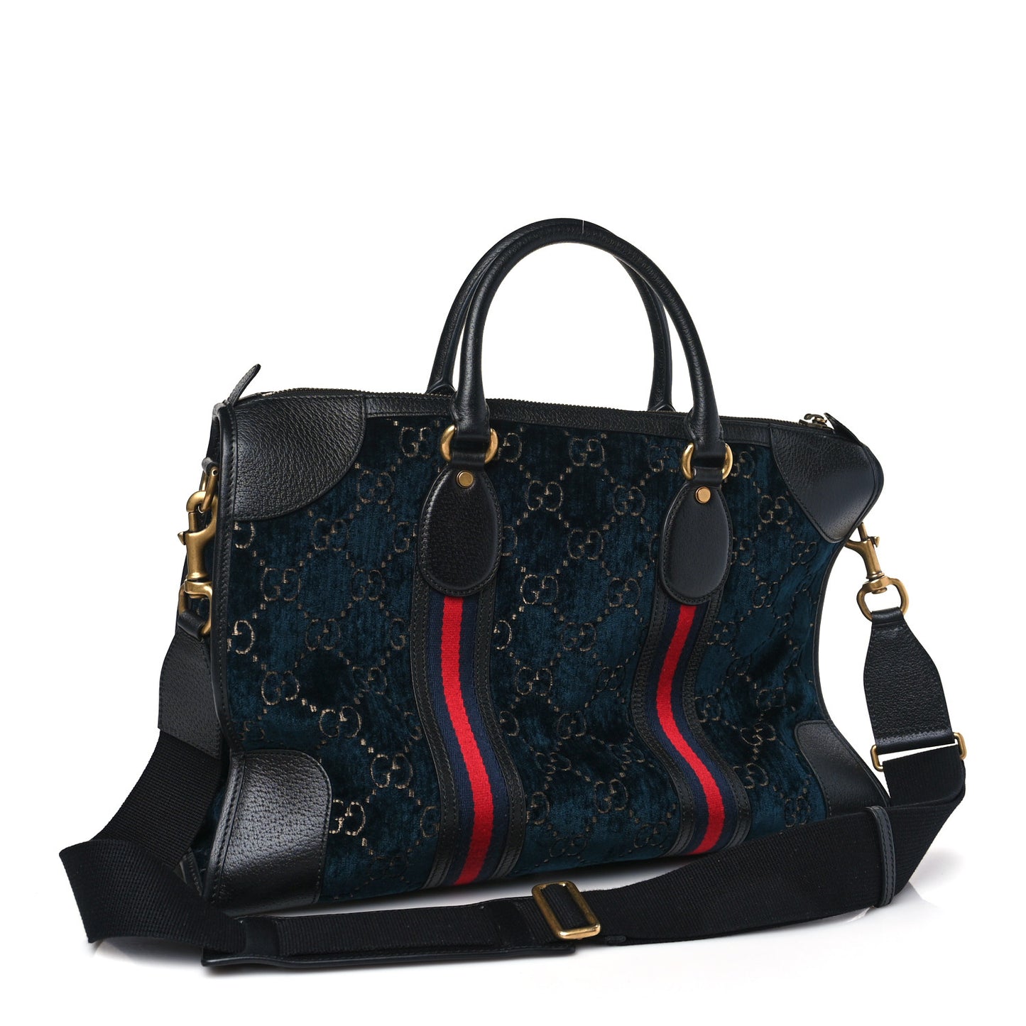 Velvet GG Monogram Textured Calfskin Web Medium Duffle Bag Blue Beige Black