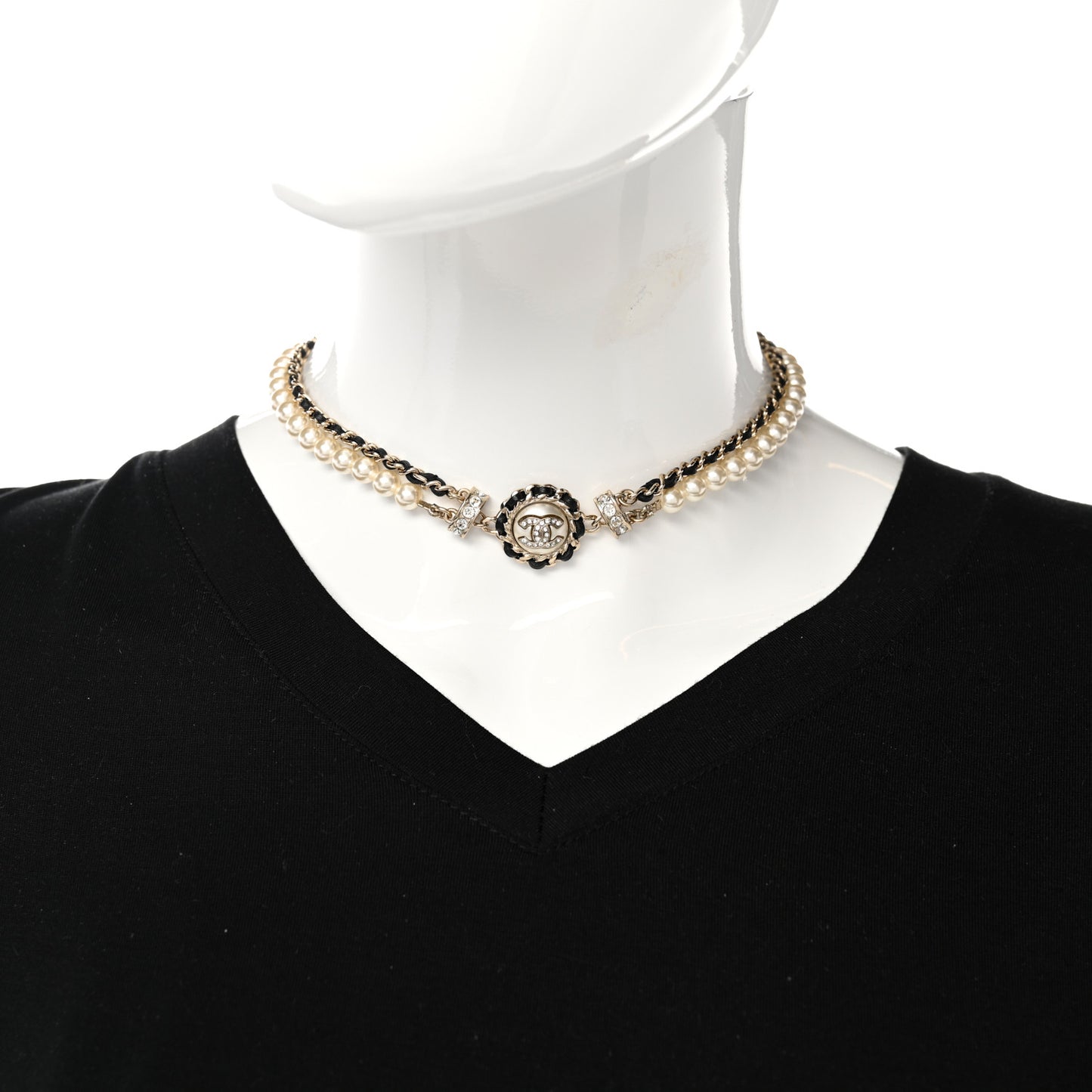 Pearl Crystal Lambskin CC Choker Gold Black