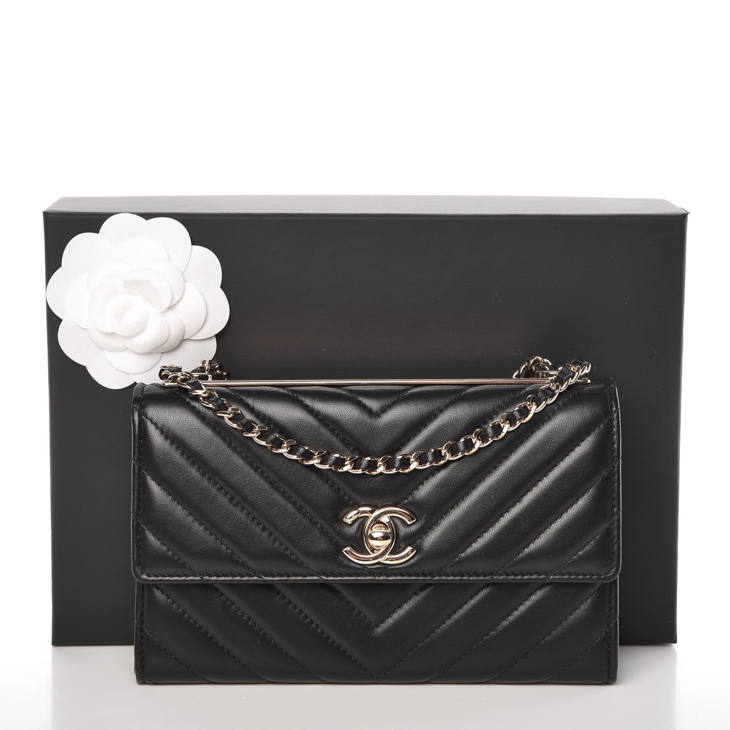 Lambskin Chevron Quilted Trendy CC Wallet On Chain WOC Black