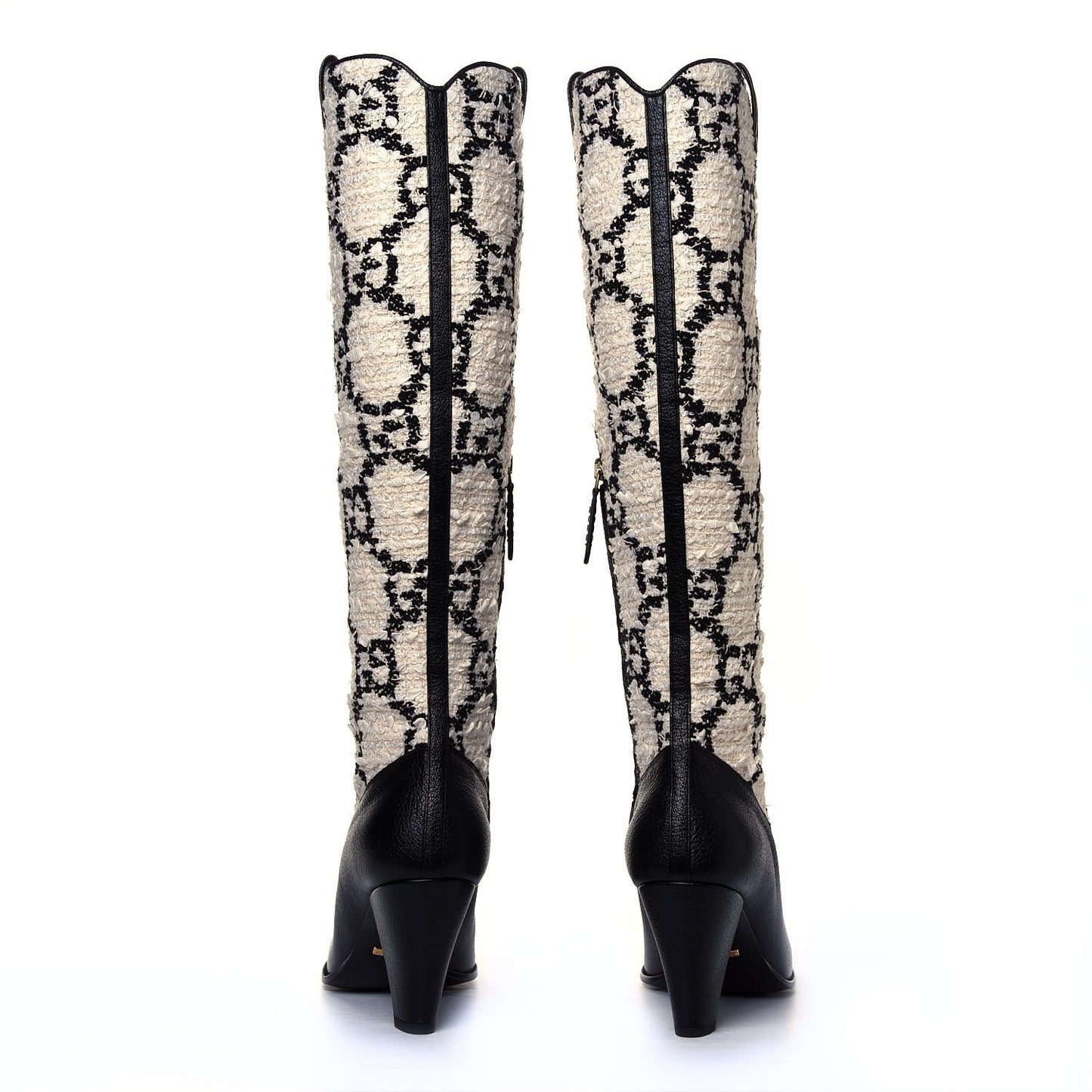 Tweed GG Monogram Wrinkled Kid Zumi Knee Boots 39 Natural Black