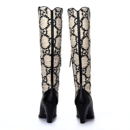 Gucci Tweed GG Monogram Wrinkled Kid Zumi Knee Boots 39 Natural Black 5 of 6
