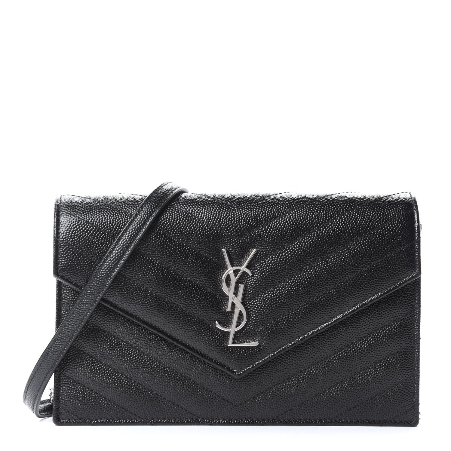Saint Laurent Grain De Poudre Matelasse Chevron Monogram Envelope Chain Wallet Black 1 of 9