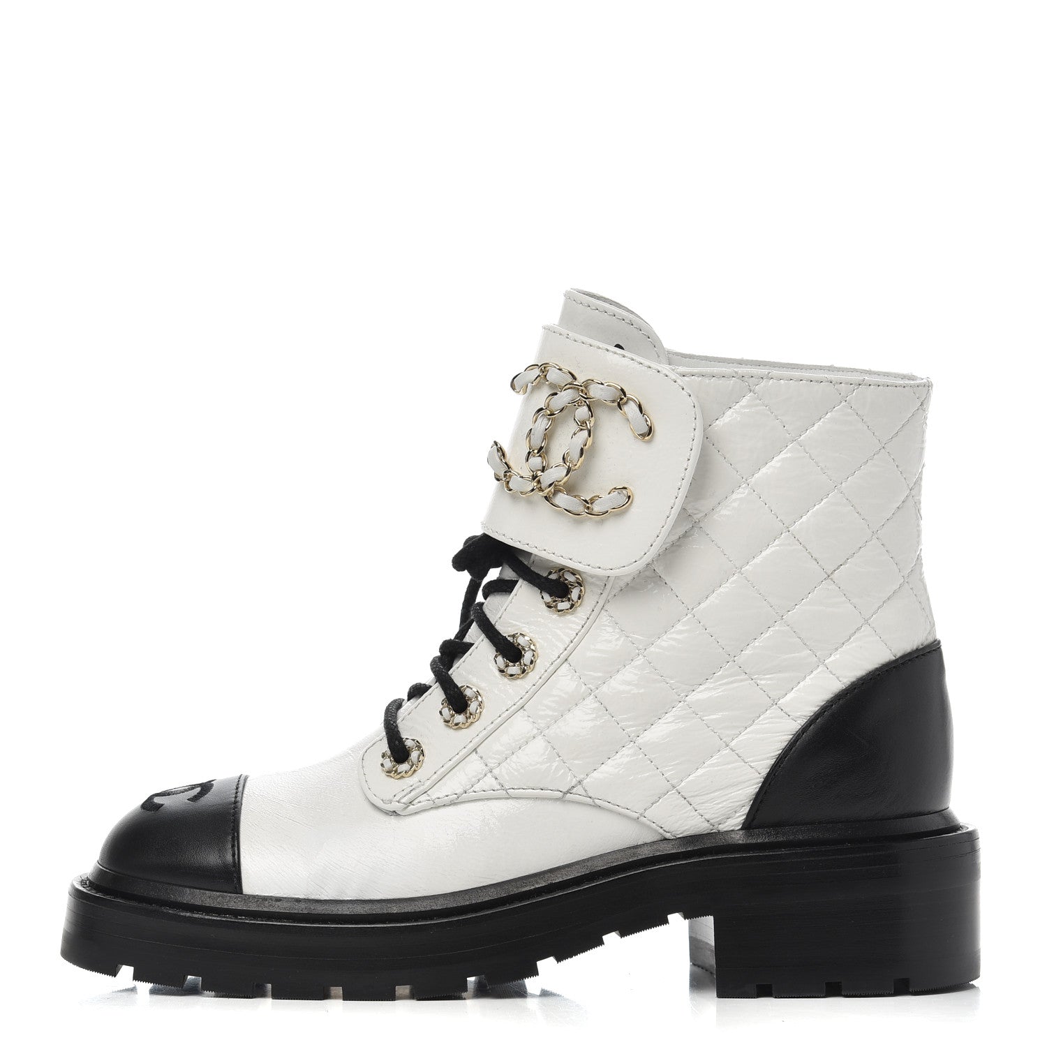 Chanel Shiny Goatskin Calfskin Quilted Lace Up Combat Boots 36 White Black 1 of 8