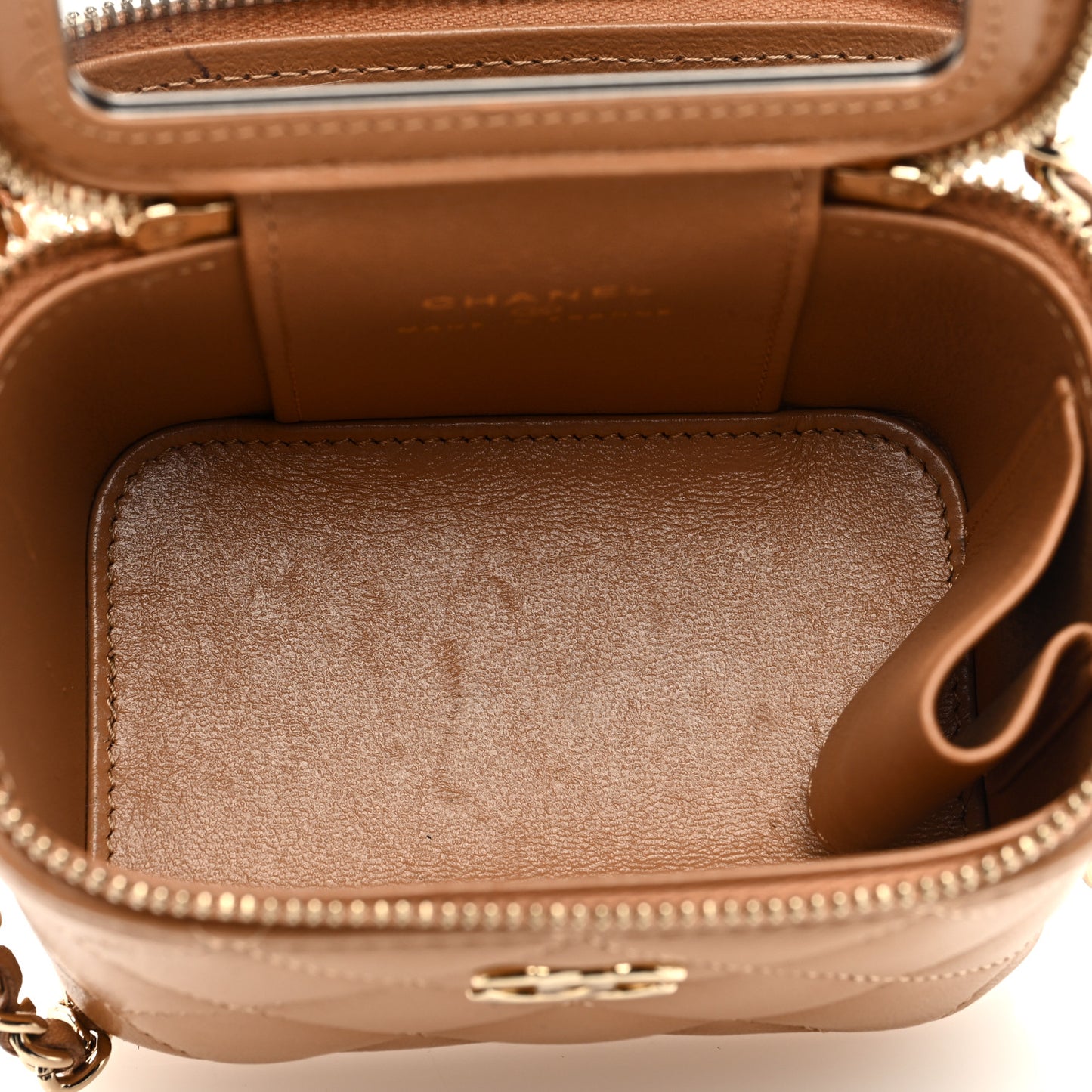 Lambskin Quilted Top Handle Mini Vanity Case With Chain Beige