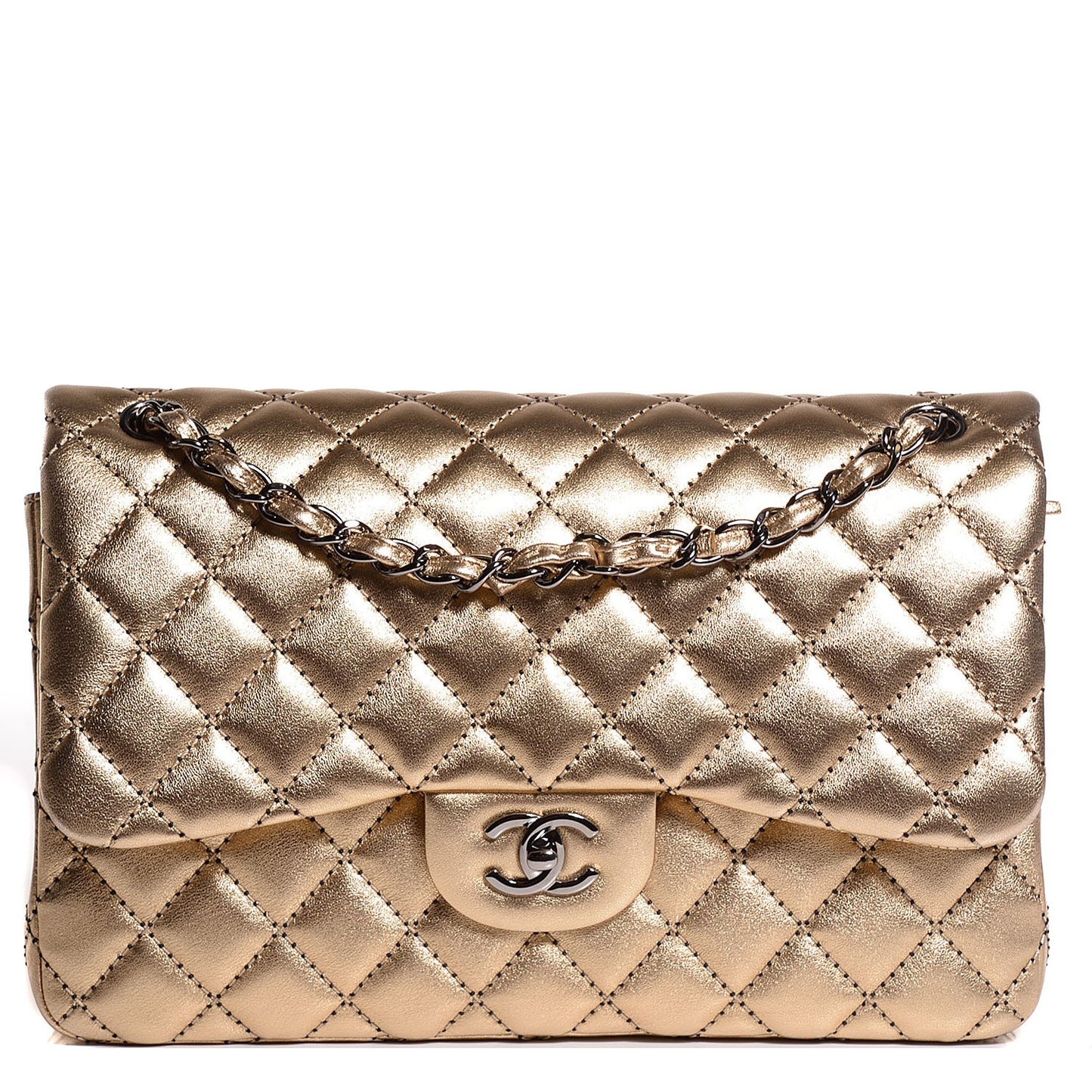 Metallic Washed Lambskin Quilted Jumbo Double Flap Dark Gold Black
