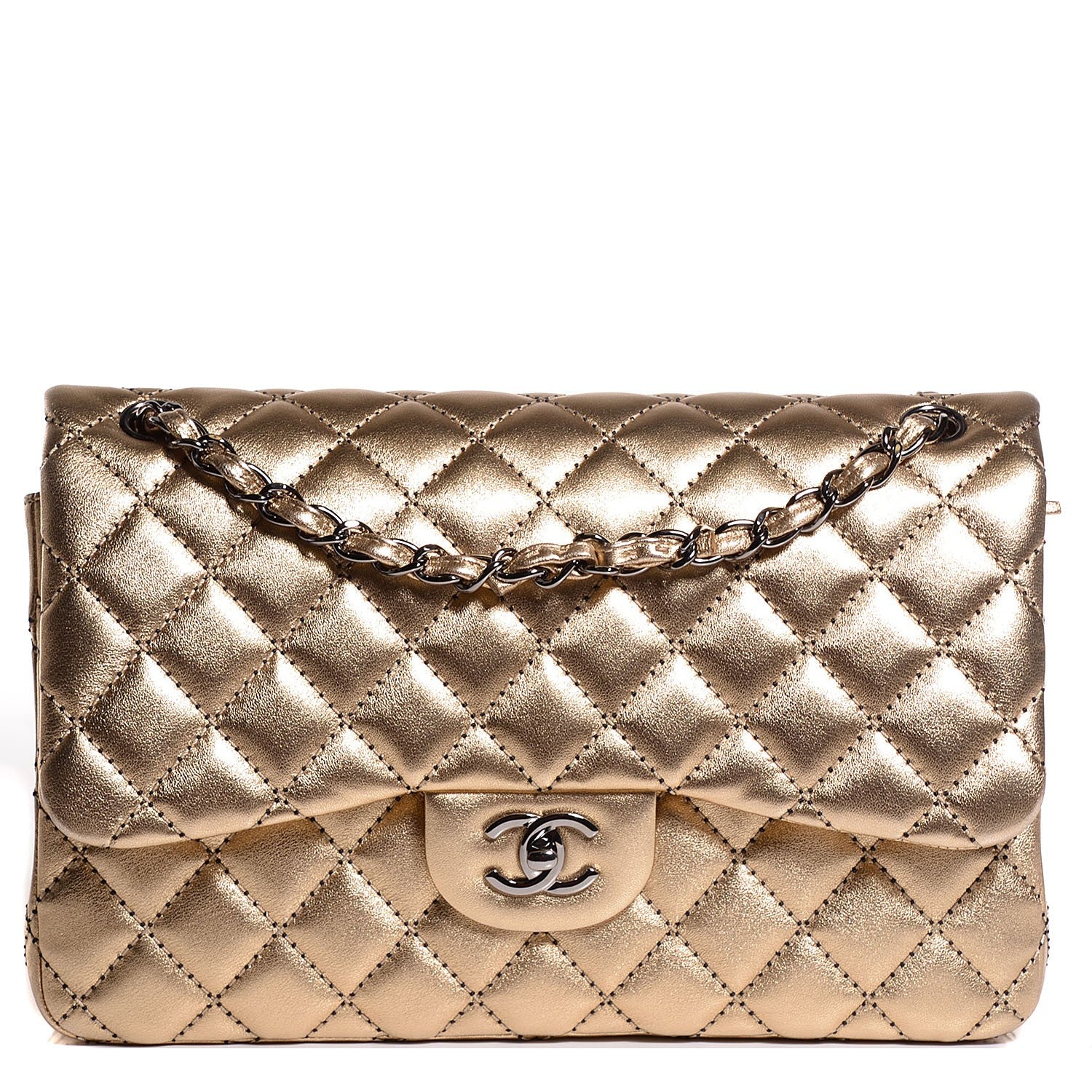 Chanel Metallic Washed Lambskin Quilted Jumbo Double Flap Dark Gold Black 1 of 9