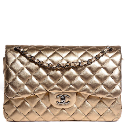Chanel Metallic Washed Lambskin Quilted Jumbo Double Flap Dark Gold Black 1 of 9