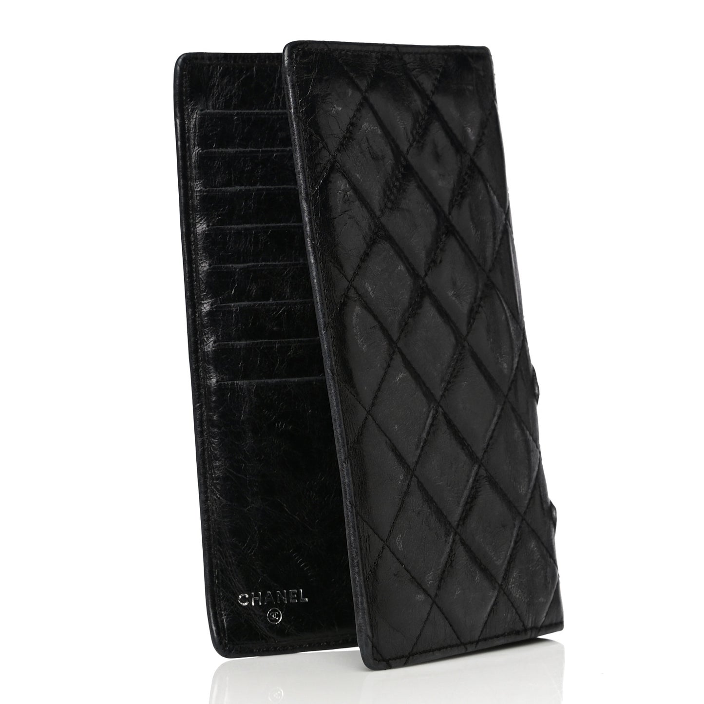 Aged Calfskin Quilted Cambon Yen Wallet Black