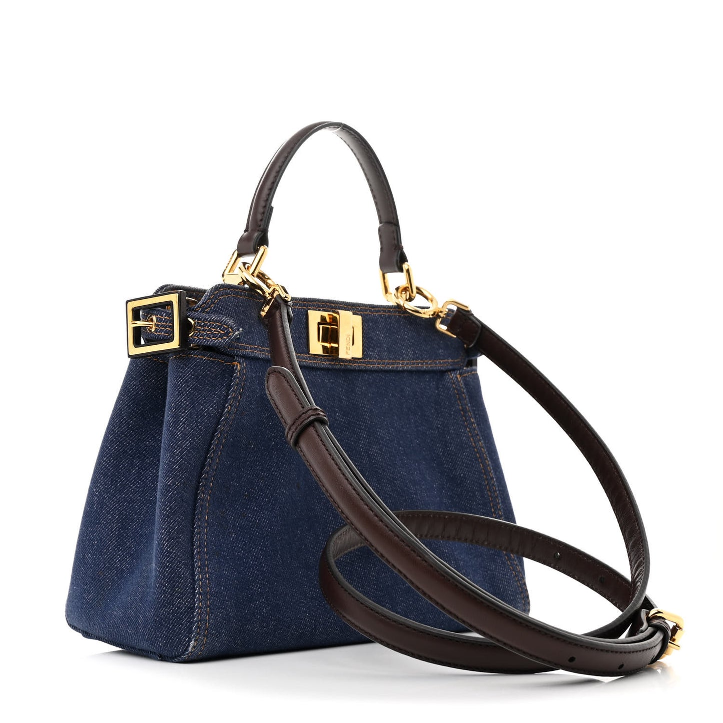 Denim Fabric Jacquard Cuoio FF 1974 Mini Peekaboo Iconic Satchel Blue Tobacco Moro