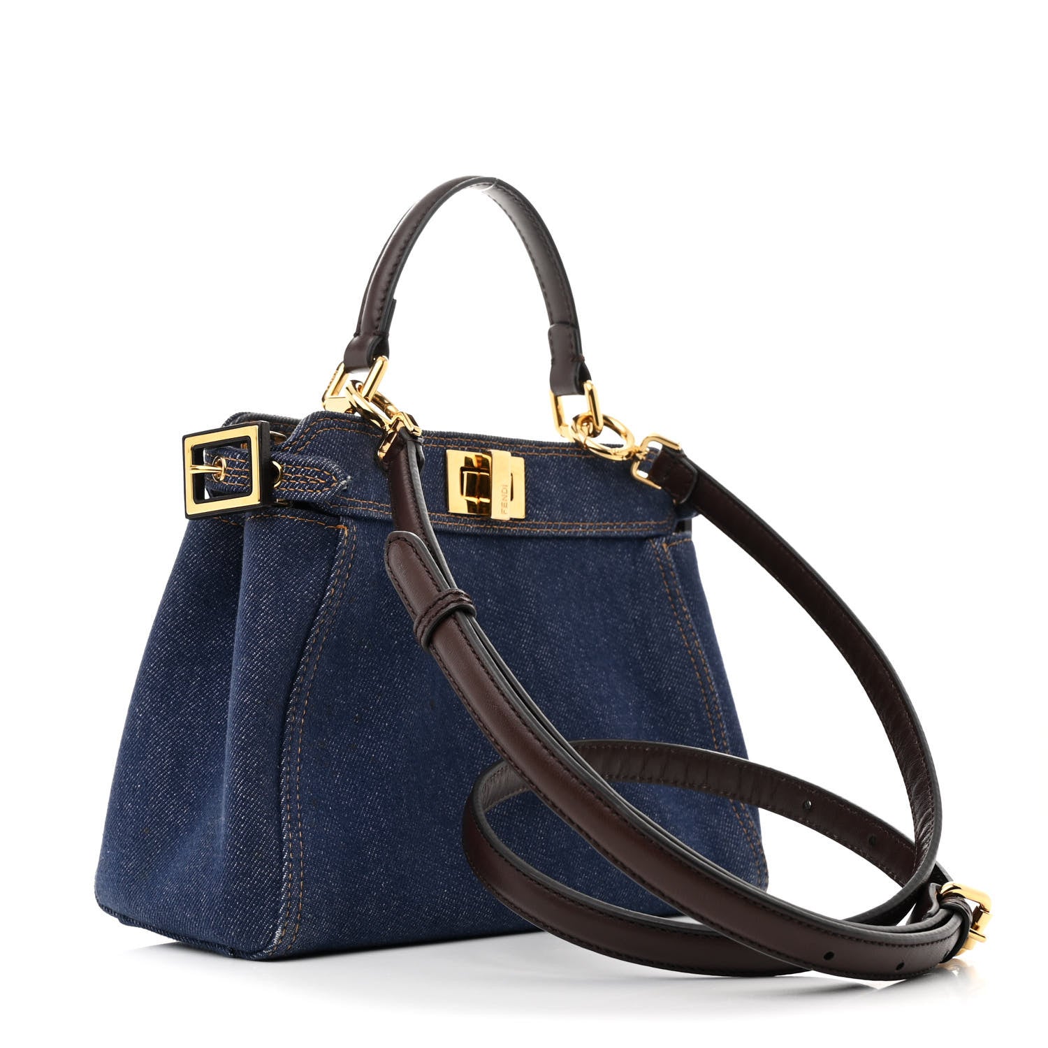 Fendi Denim Fabric Jacquard Cuoio FF 1974 Mini Peekaboo Iconic Satchel Blue Tobacco Moro 3 of 11