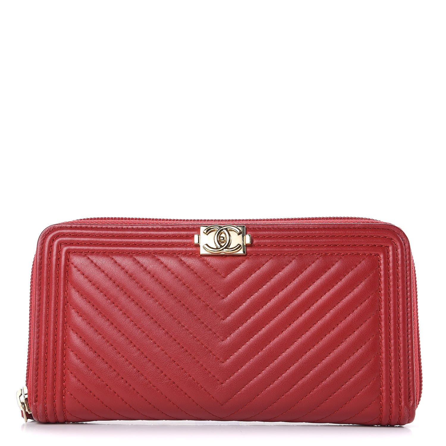 Chanel Lambskin Chevron Quilted Zip Around Boy Wallet Red 1 of 14