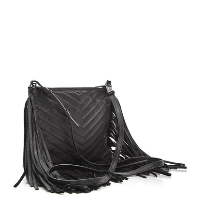 Saint Laurent Sheepskin Chevron Small Fringe Crossbody Bag Black 3 of 7