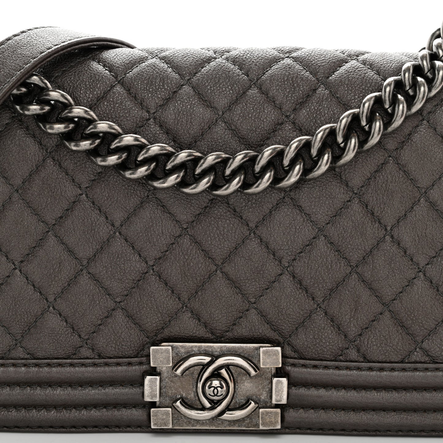Metallic Calfskin Quilted Medium Boy Flap Dark Silver