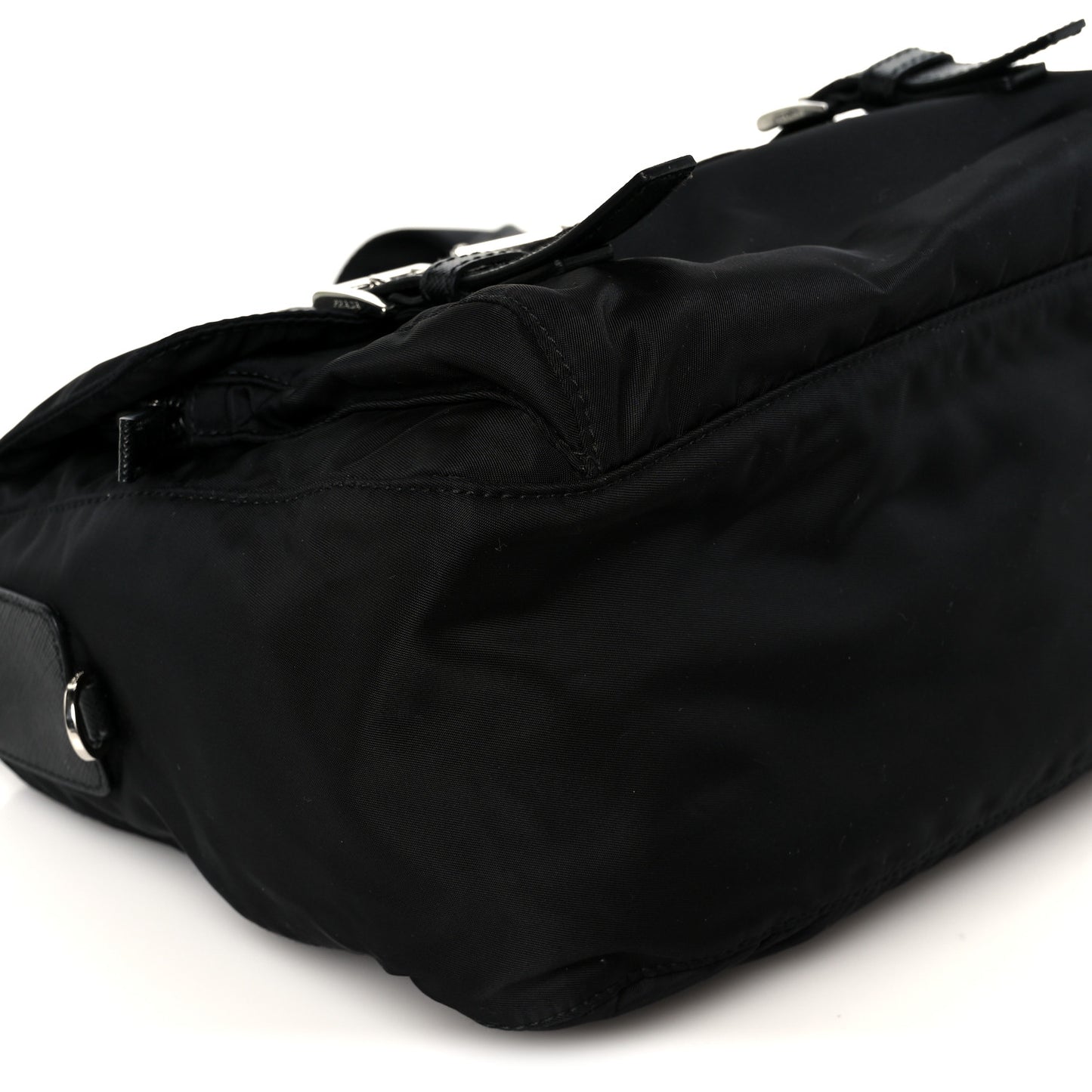 Re-Nylon Vela Saffiano Pocket Double Buckle Messenger Shoulder Bag Black
