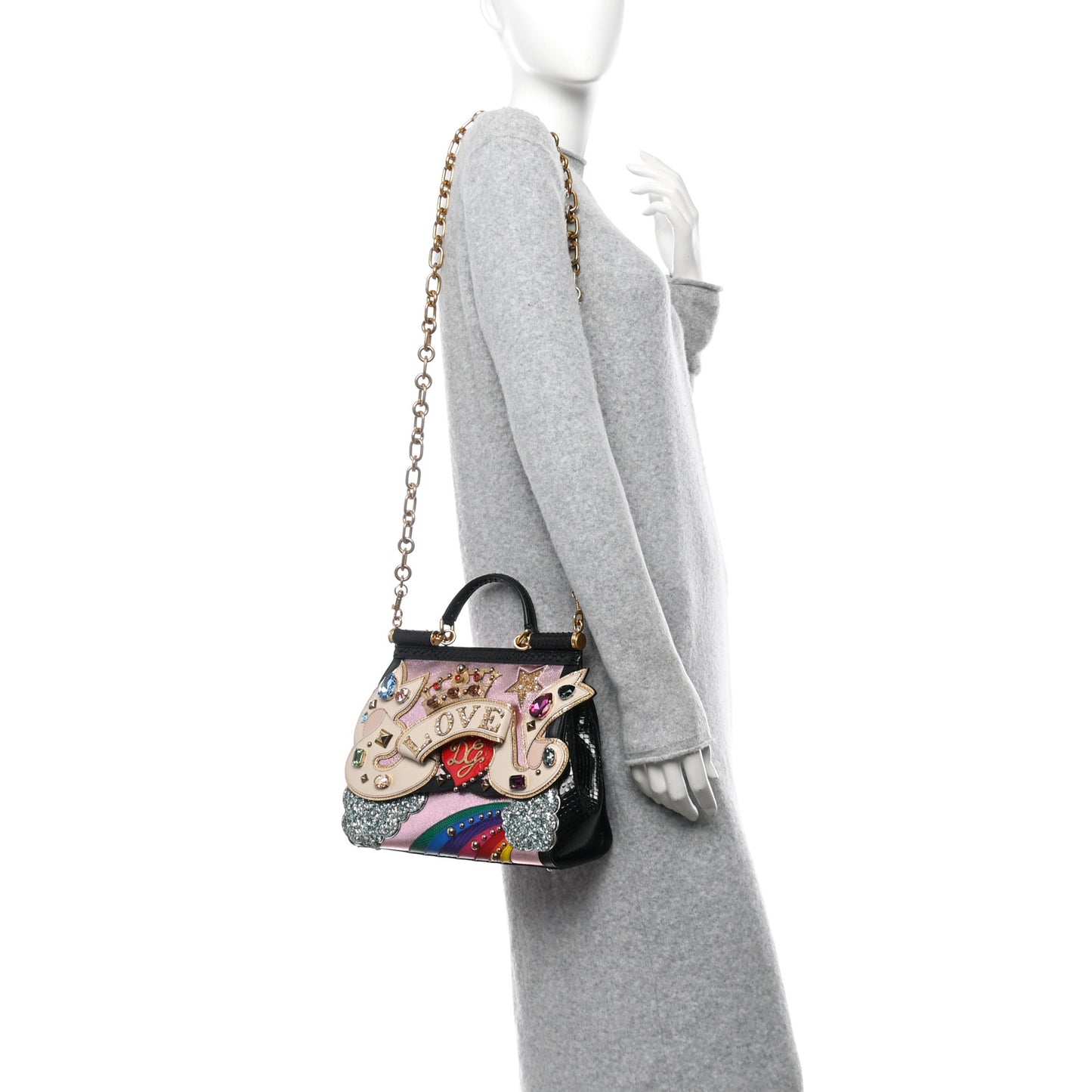 Metallic Calfskin Snakeskin Iguana Embossed Crystal Patch Dauphine Love Miss Sicily Satchel Black Multicolor