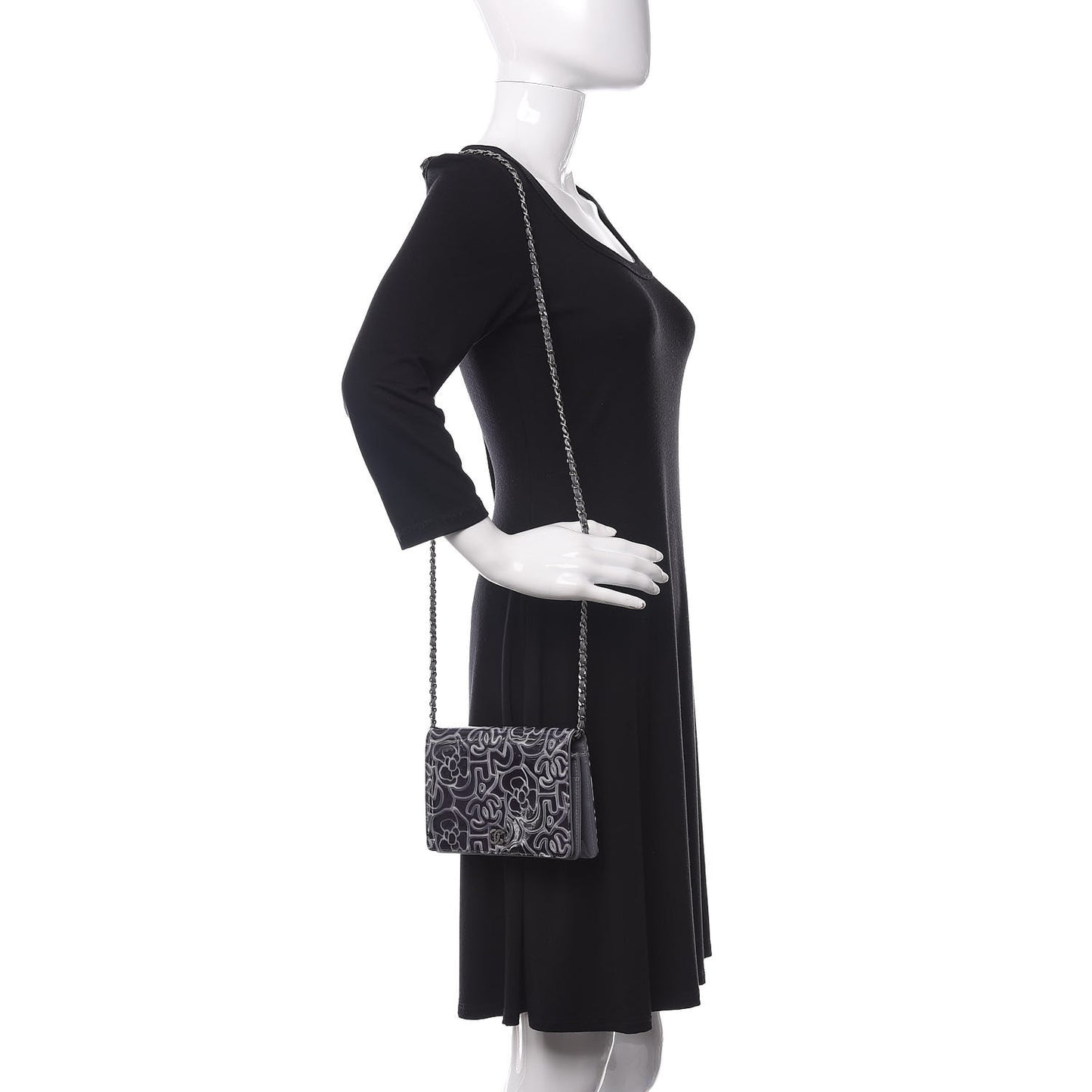 Patent Camellia Embossed Wallet on Chain WOC Dark Blue