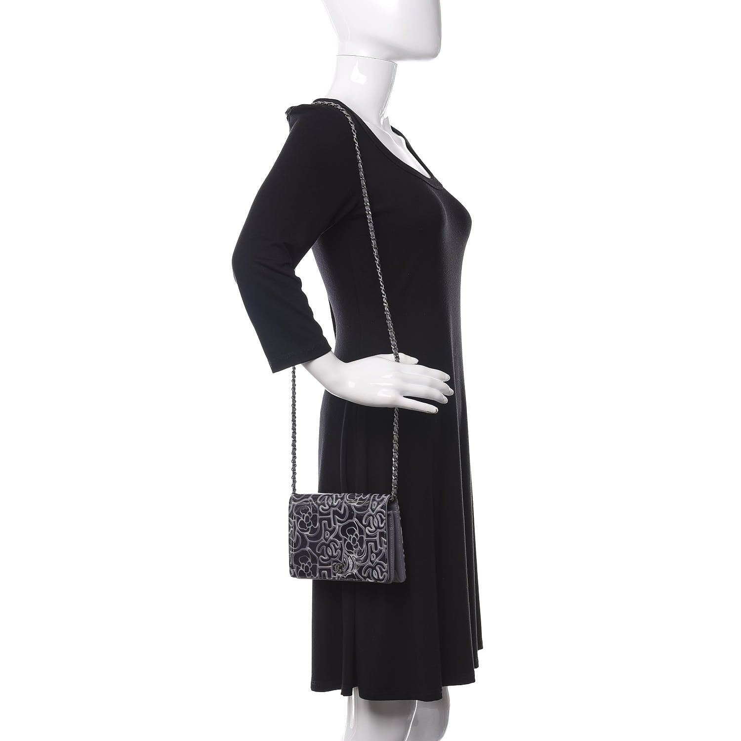 Chanel Patent Camellia Embossed Wallet on Chain WOC Dark Blue 2 of 14