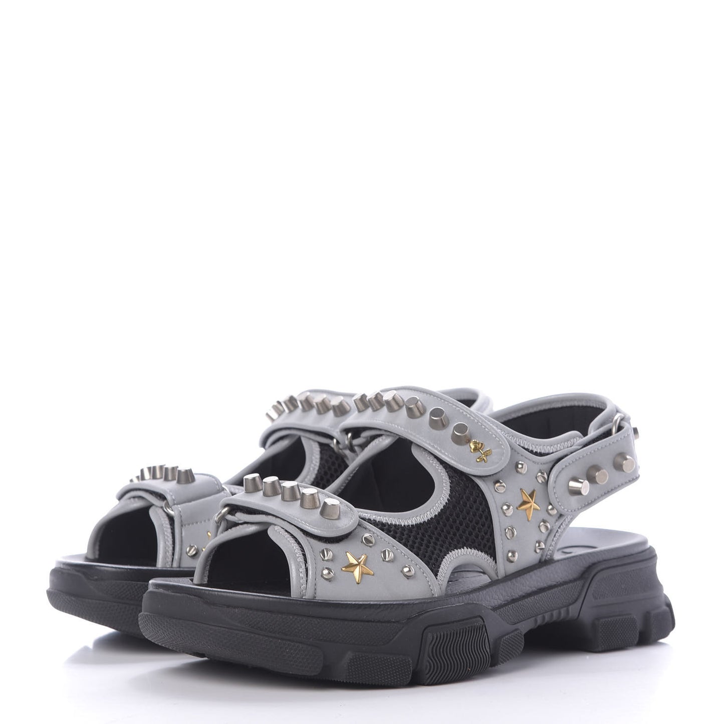 Technical Canvas Calfskin Reflective Studded Mens Aguru Sandals 8 Silver Black