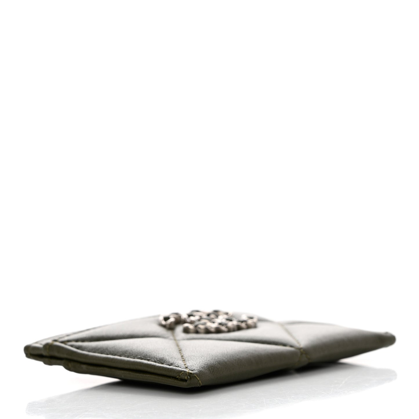 Lambskin Quilted Chanel 19 Card Holder Khaki