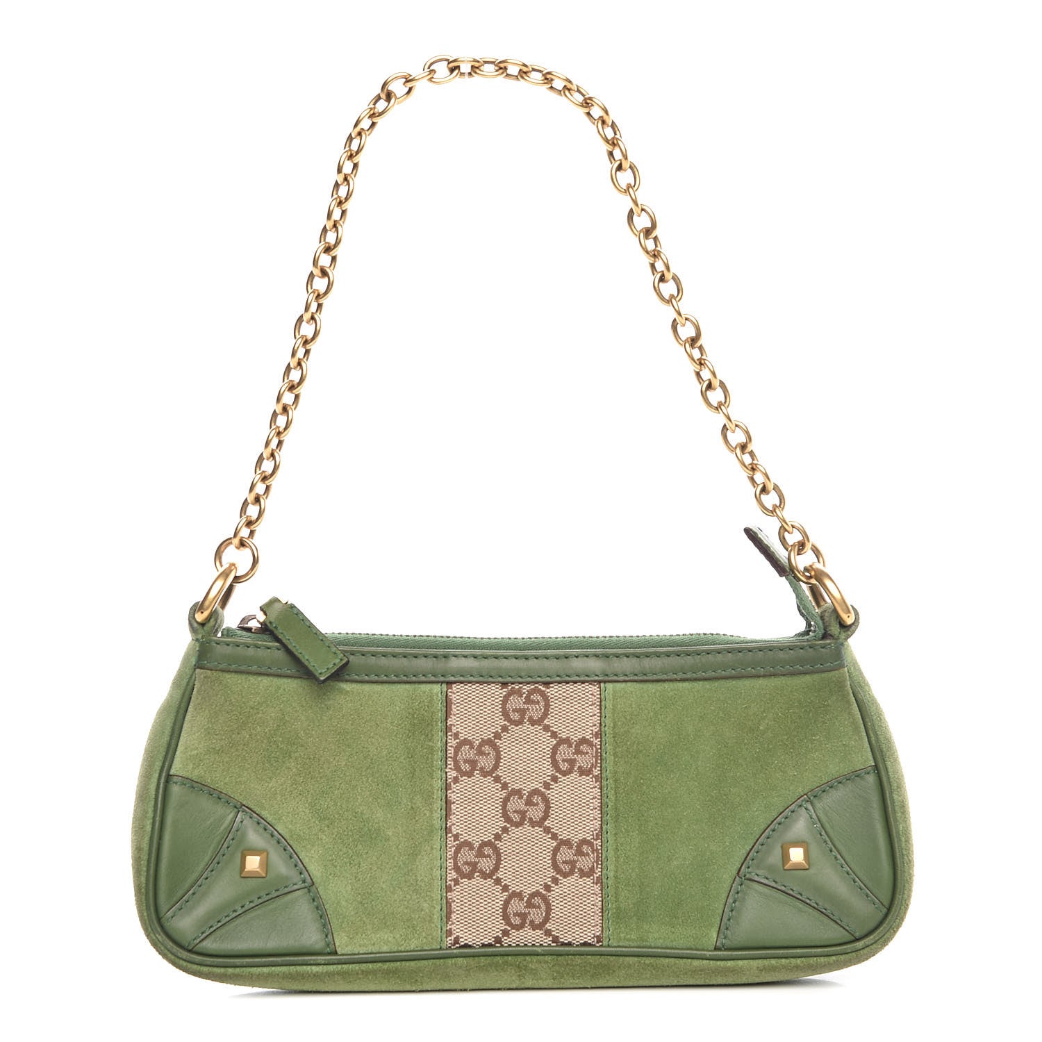 Gucci Suede Monogram Horsebit Nail Chain Pochette Green 1 of 11