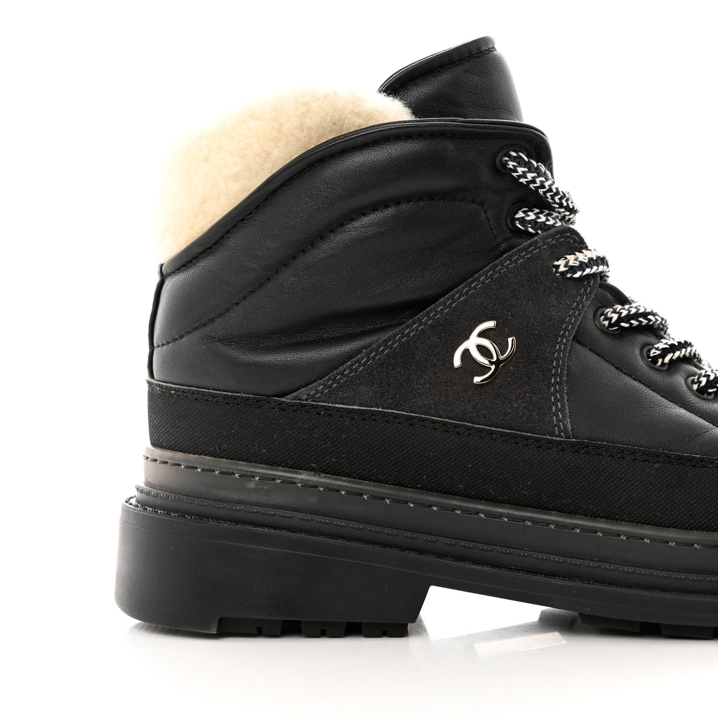 Lambskin Shearling Suede CC High Lace Up Boots 38 Black