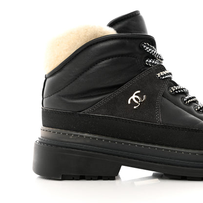 Chanel Lambskin Shearling Suede CC High Lace Up Boots 38 Black 20 of 27