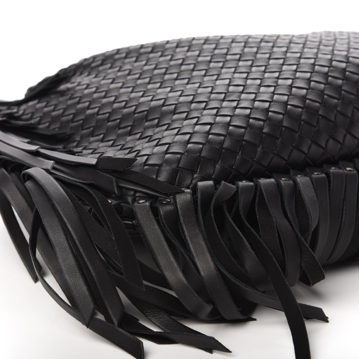 Nappa Intrecciato Veneta Large Fringed Hobo Black