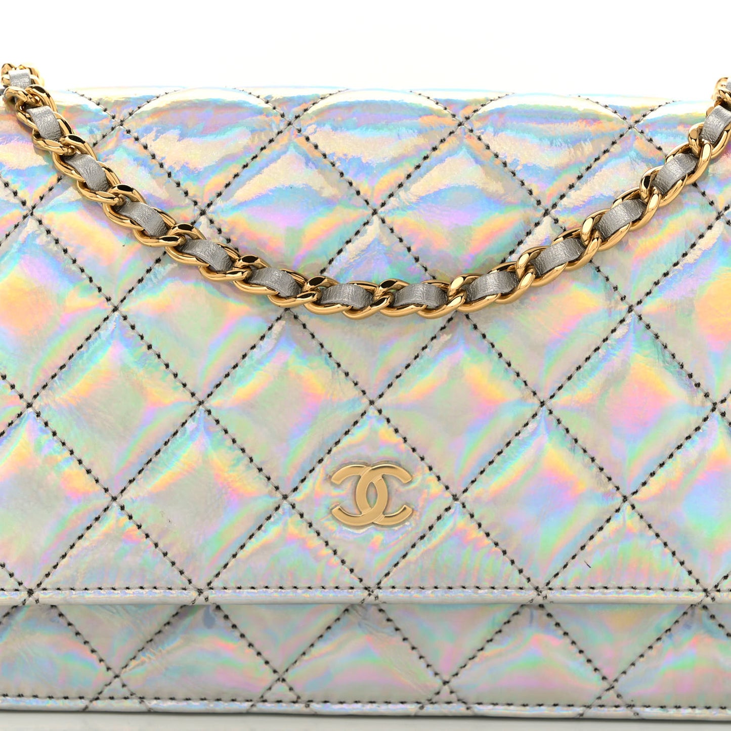Iridescent Goatskin Quilted Wallet On Chain WOC Silver
