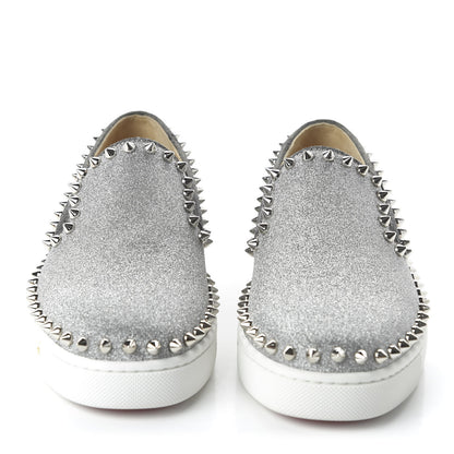 Christian Louboutin Calfskin Spikes Pik Boat Glitter Sneakers 36.5 Silver 2 of 8