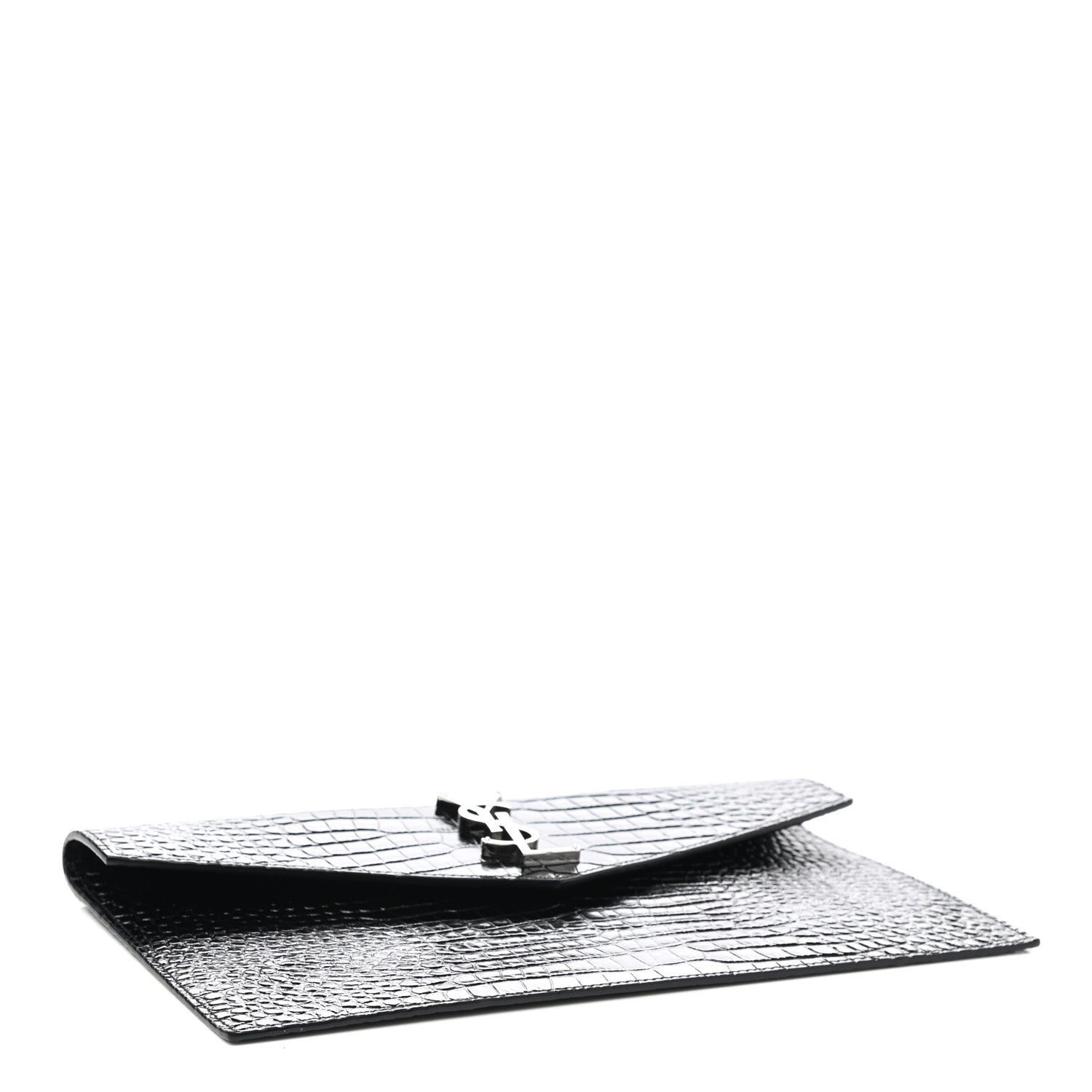 Saint Laurent Calfskin Crocodile Embossed Uptown Monogram Pouch Black 4 of 8