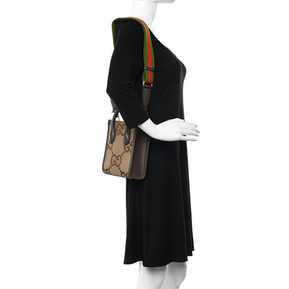 Gucci Monogram Jumbo GG Textured Dollar Calfskin Web Mini Vertical Tote Camel Ebony New Acero 2 of 14