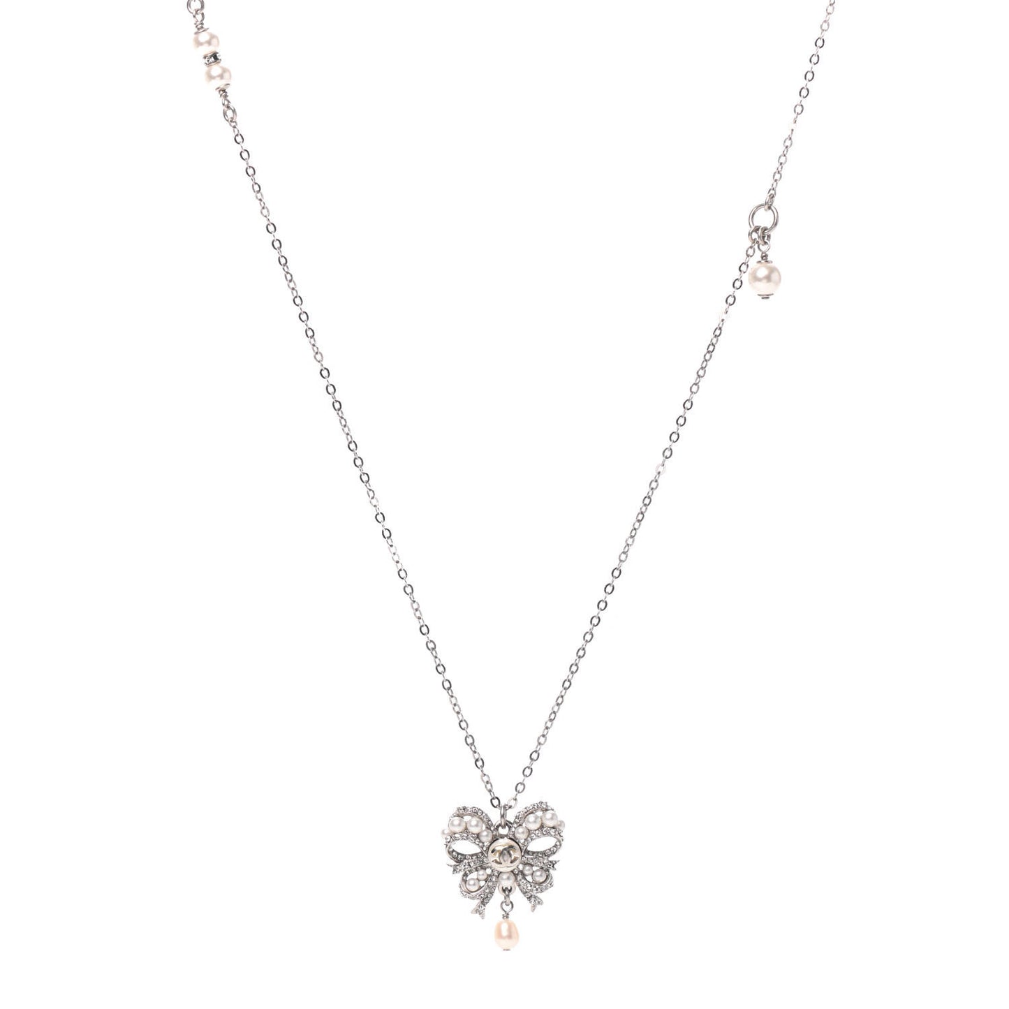 Crystal Pearl CC Bow Long Necklace Silver