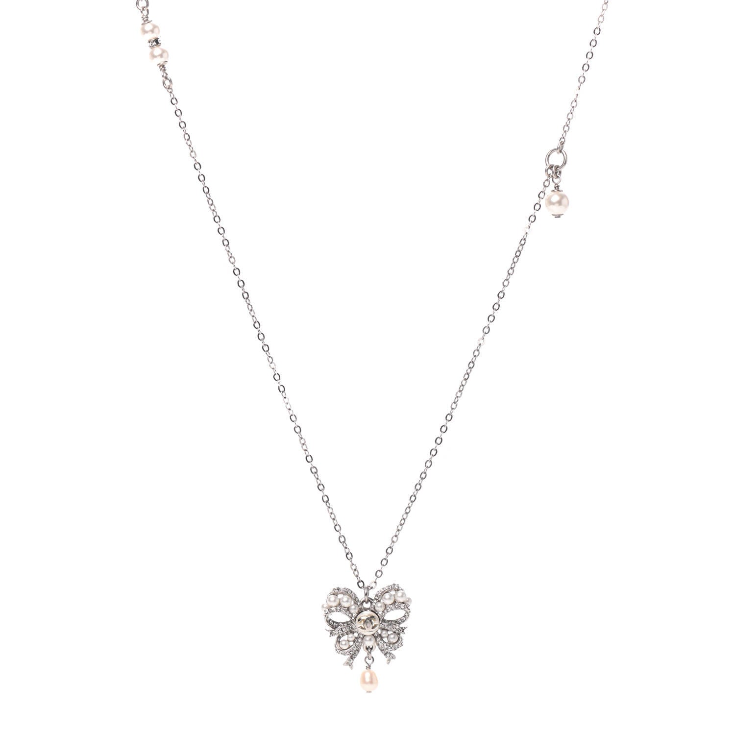 Chanel Crystal Pearl CC Bow Long Necklace Silver 1 of 4