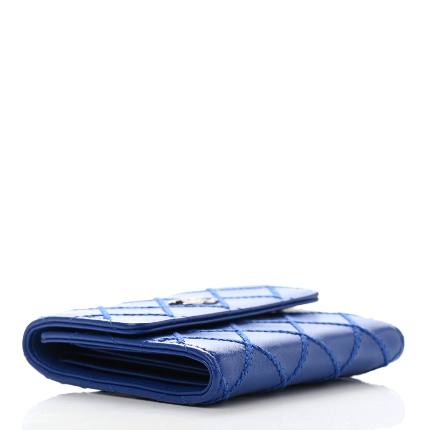 Calfskin Stitched Fancy CC Compact Flap Wallet Blue